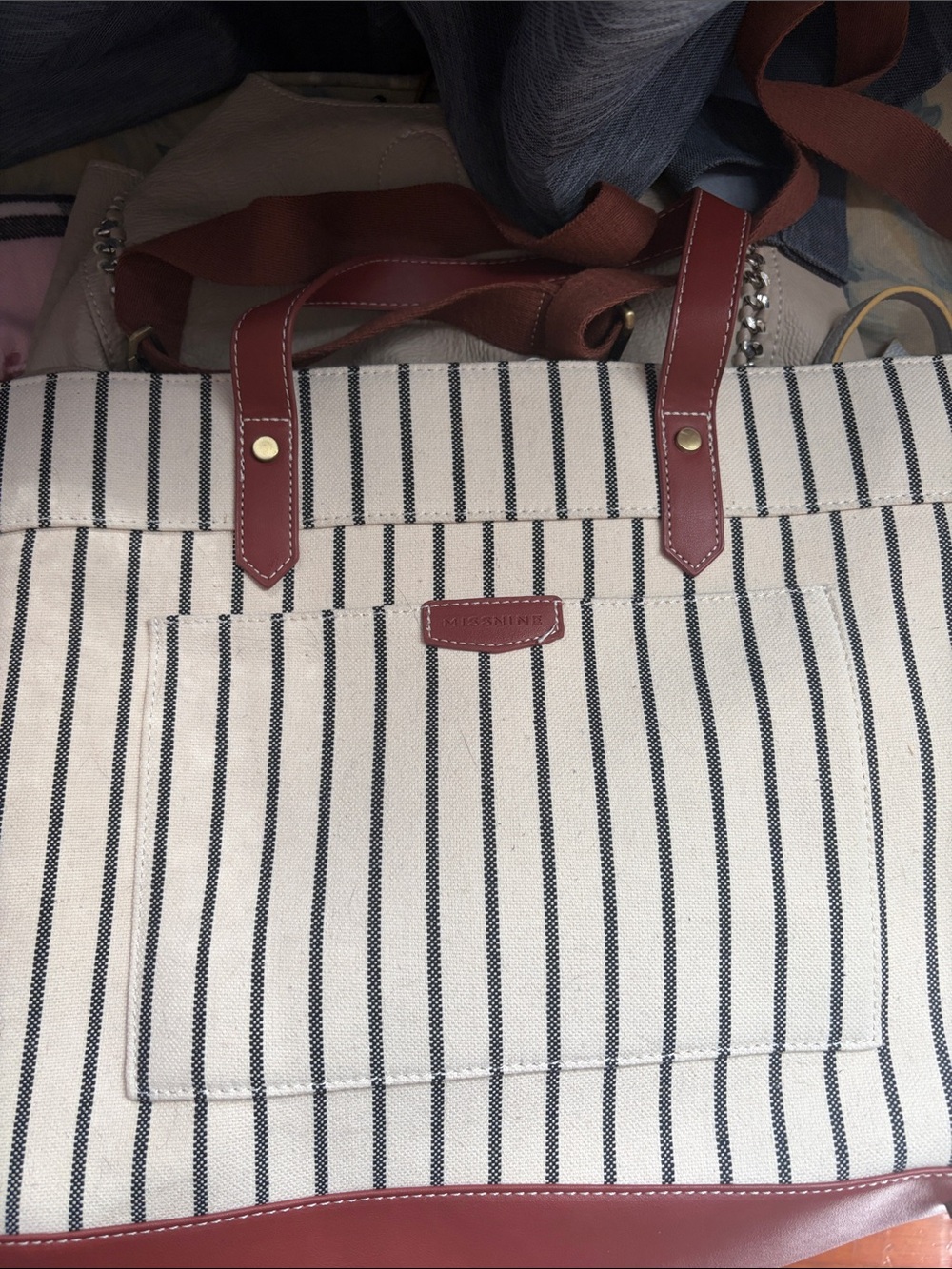 Striped Canvas Tote with Brown Leather Trim